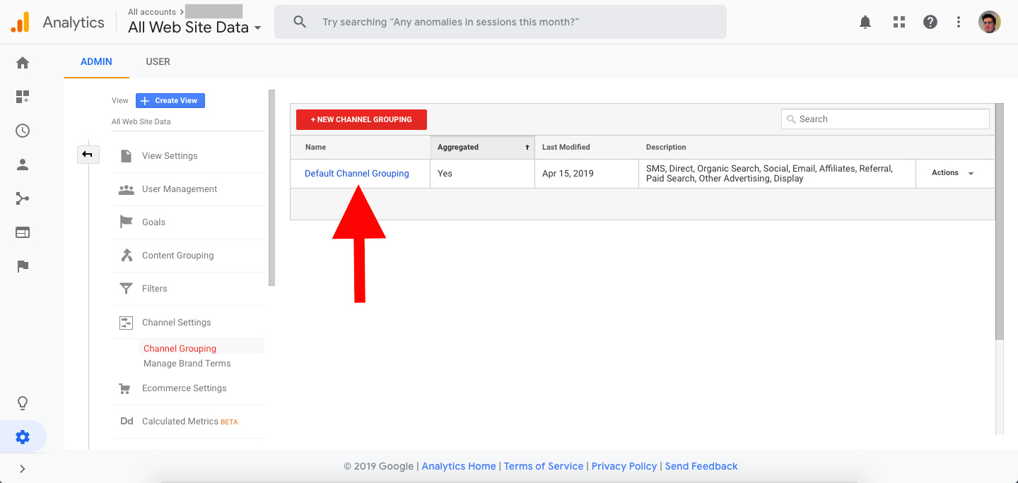 Step 3 - Click on the ‘Default Channel Grouping’ link.